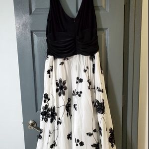 Black and white floral midi length formal dress